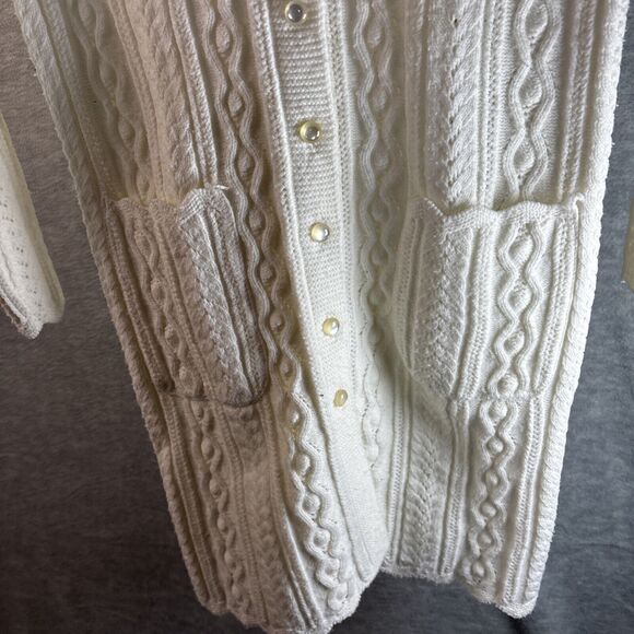 True Vintage 60s Tunic Sweater S White Cream Cable Knit Cardigan Pockets Cottage - Picture 15 of 16